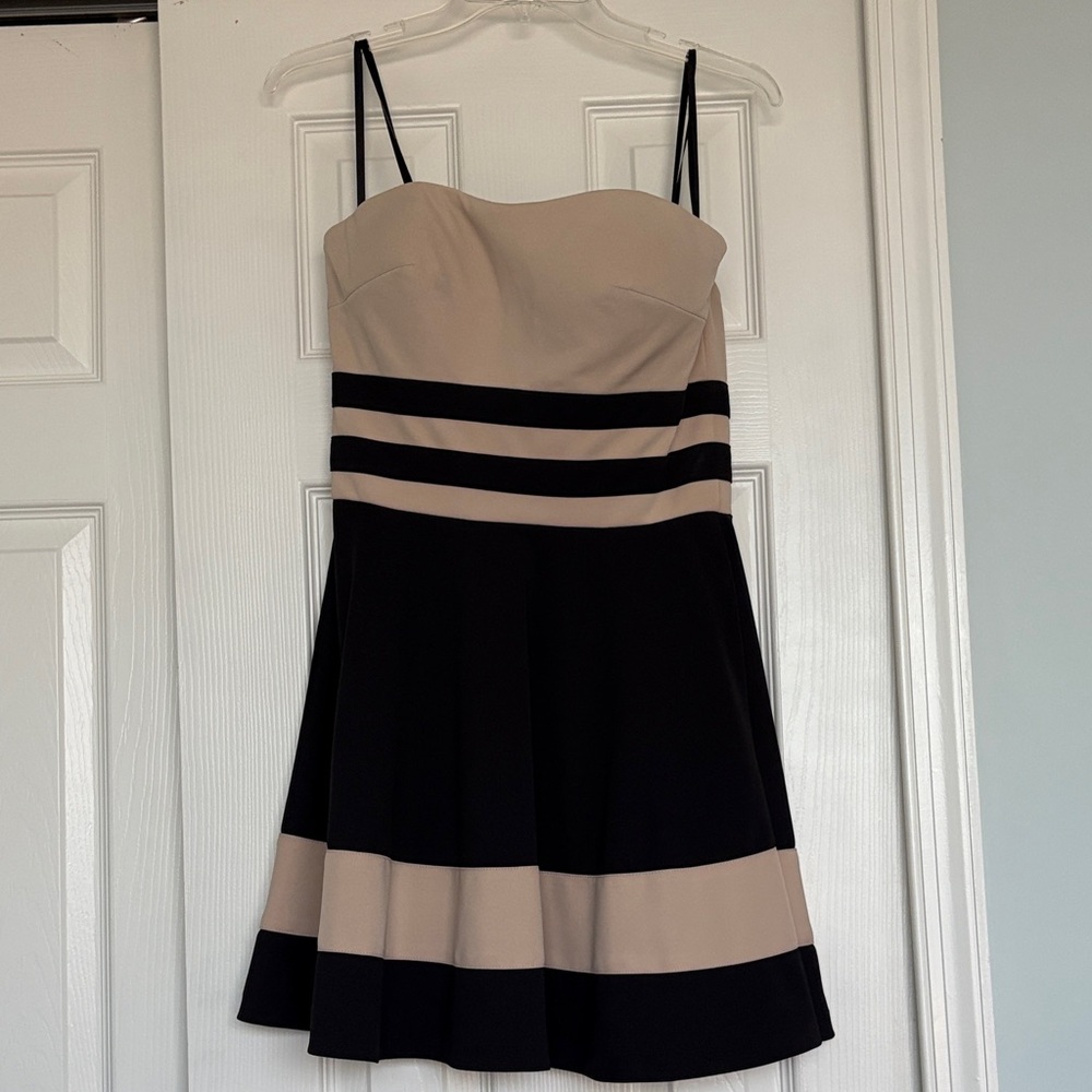 La Femme Black and Tan Striped Mini Dress